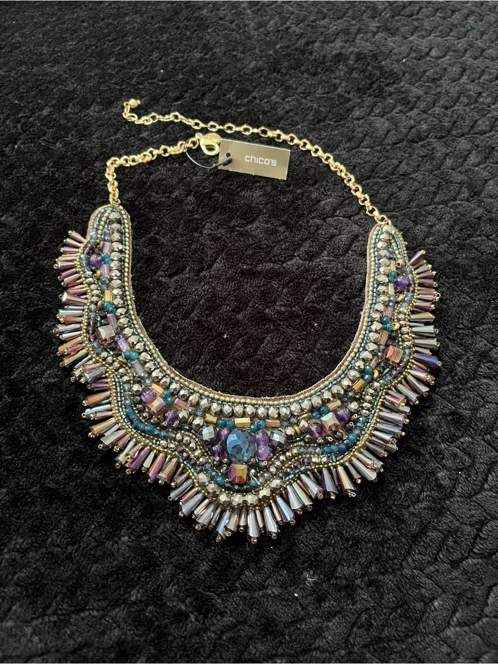 Chico's Iridescent Purple & Blue Beaded Necklace with Gold Chain